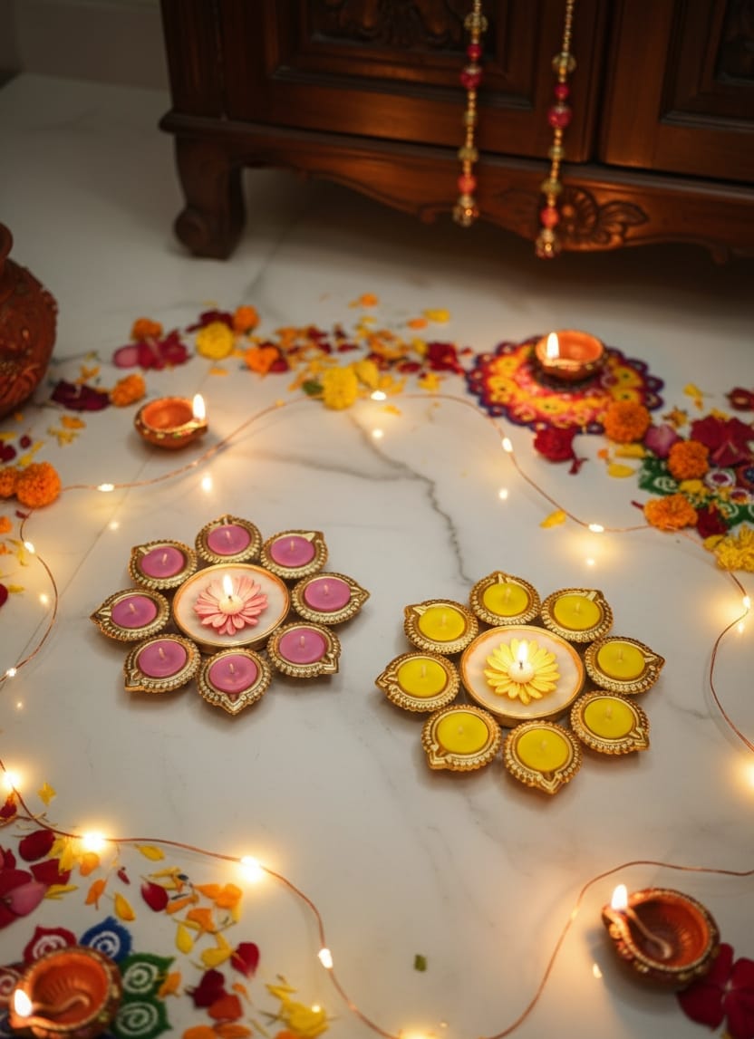 Decorative oil lamps and rangoli patterns on a floor with string lights.